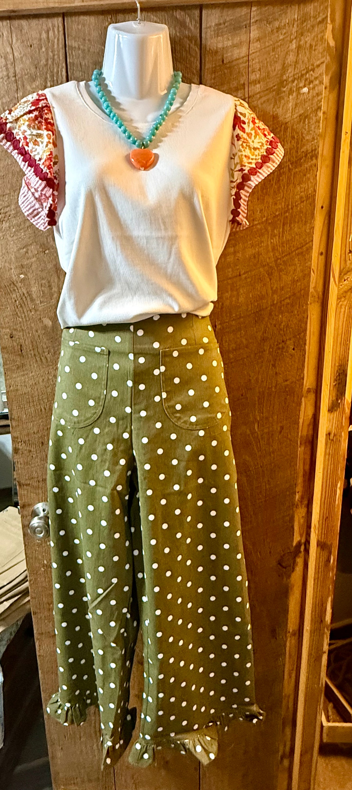 Olive Polka Dot Ruffle Pant