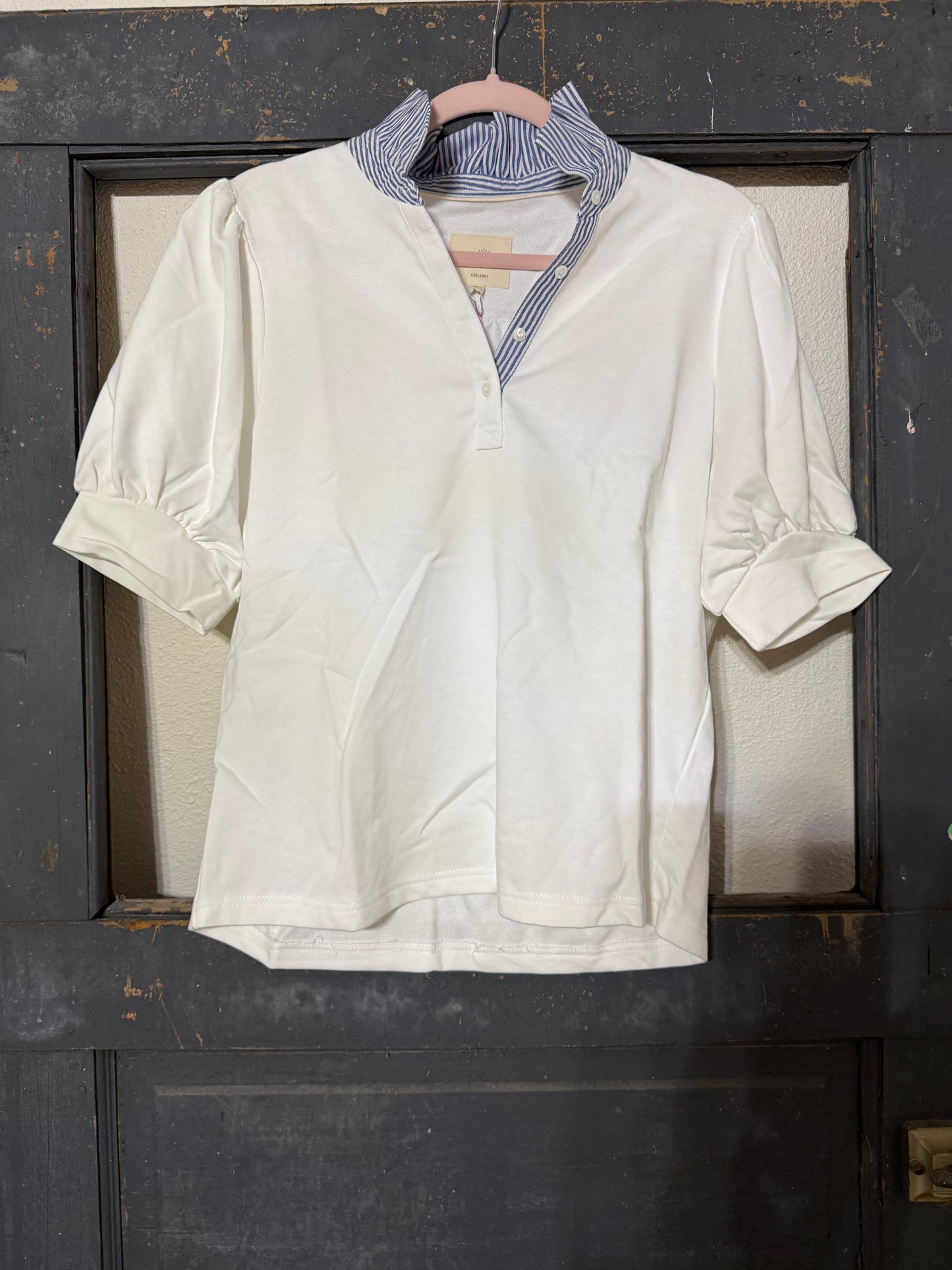 Blue & White Seersucker Collar Sweater