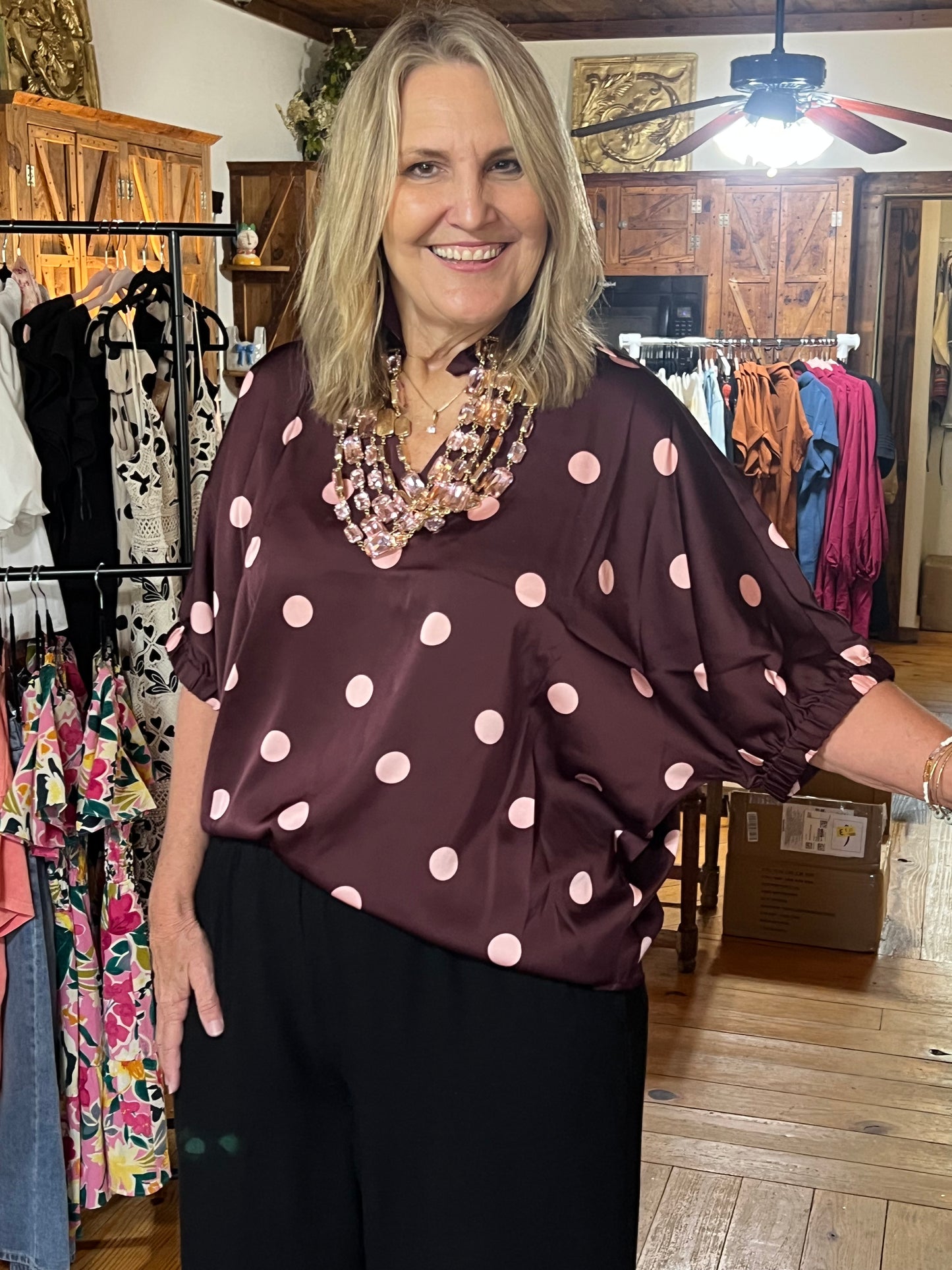 Burgandy & Pink Polka Dot Silk Top