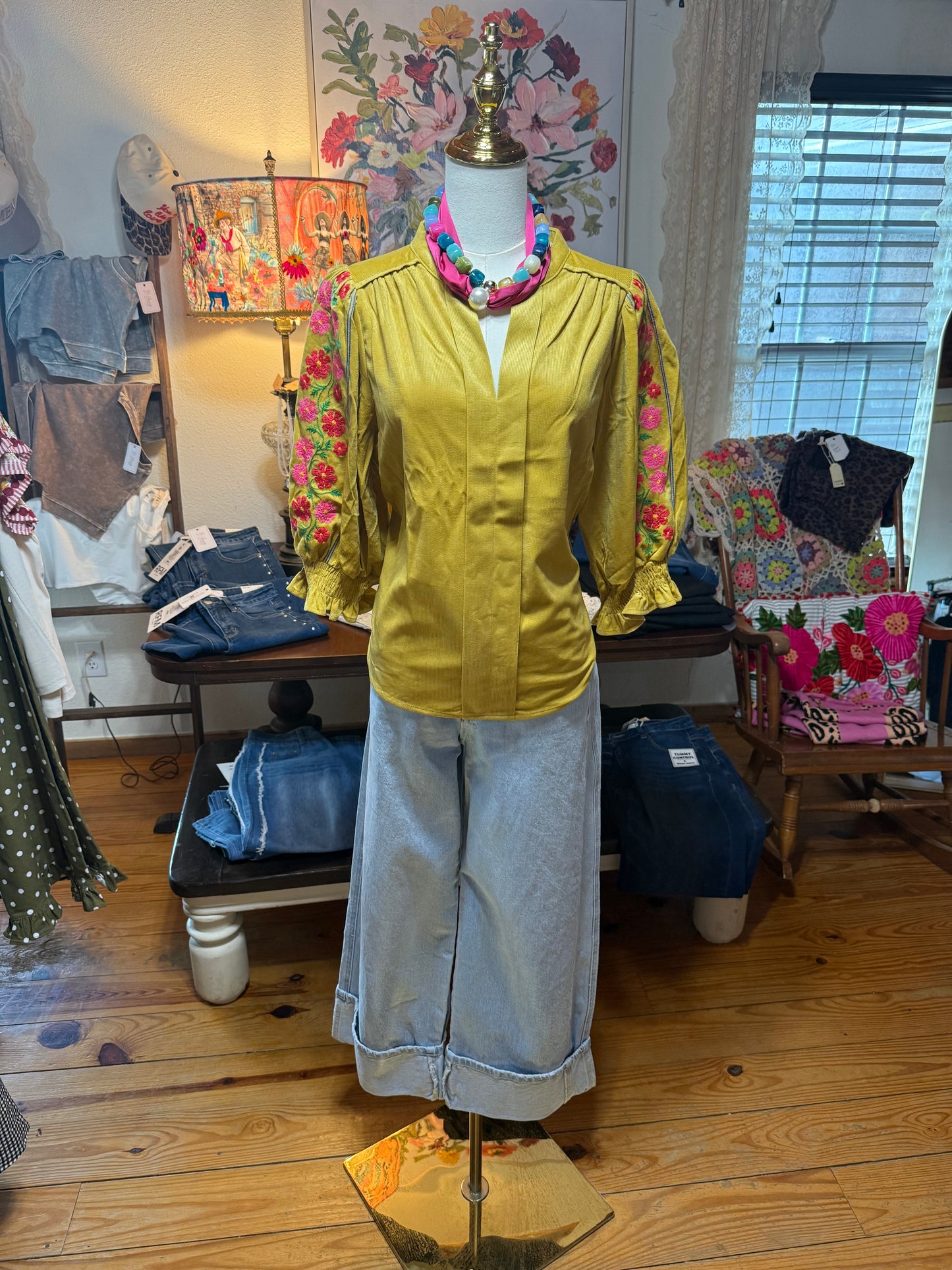 Floral Embroidered Smock Corduroy Top