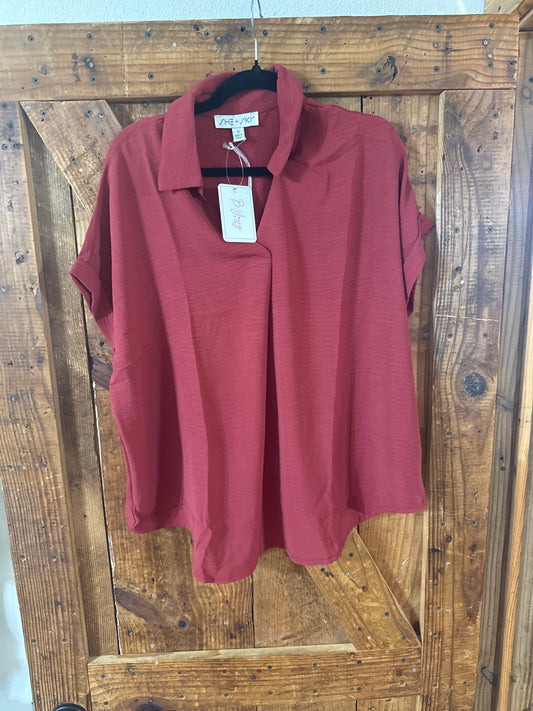 Red Brick Drop Shoulder Collared Top