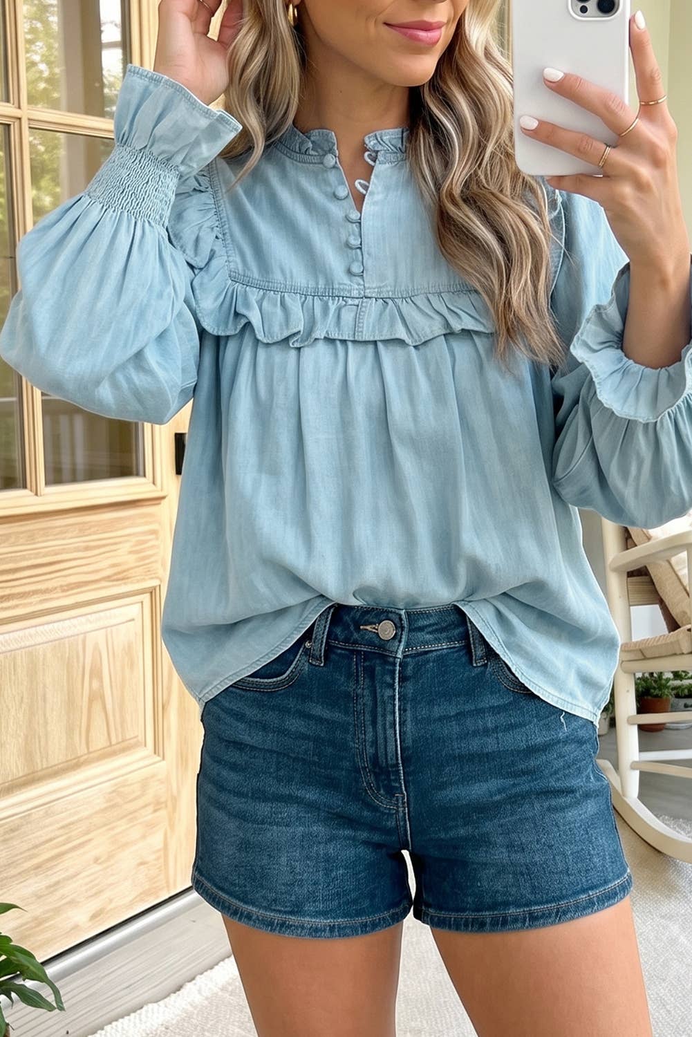Western Ruffle V Neck Long Sleeve Shift Denim