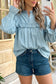 Western Ruffle V Neck Long Sleeve Shift Denim