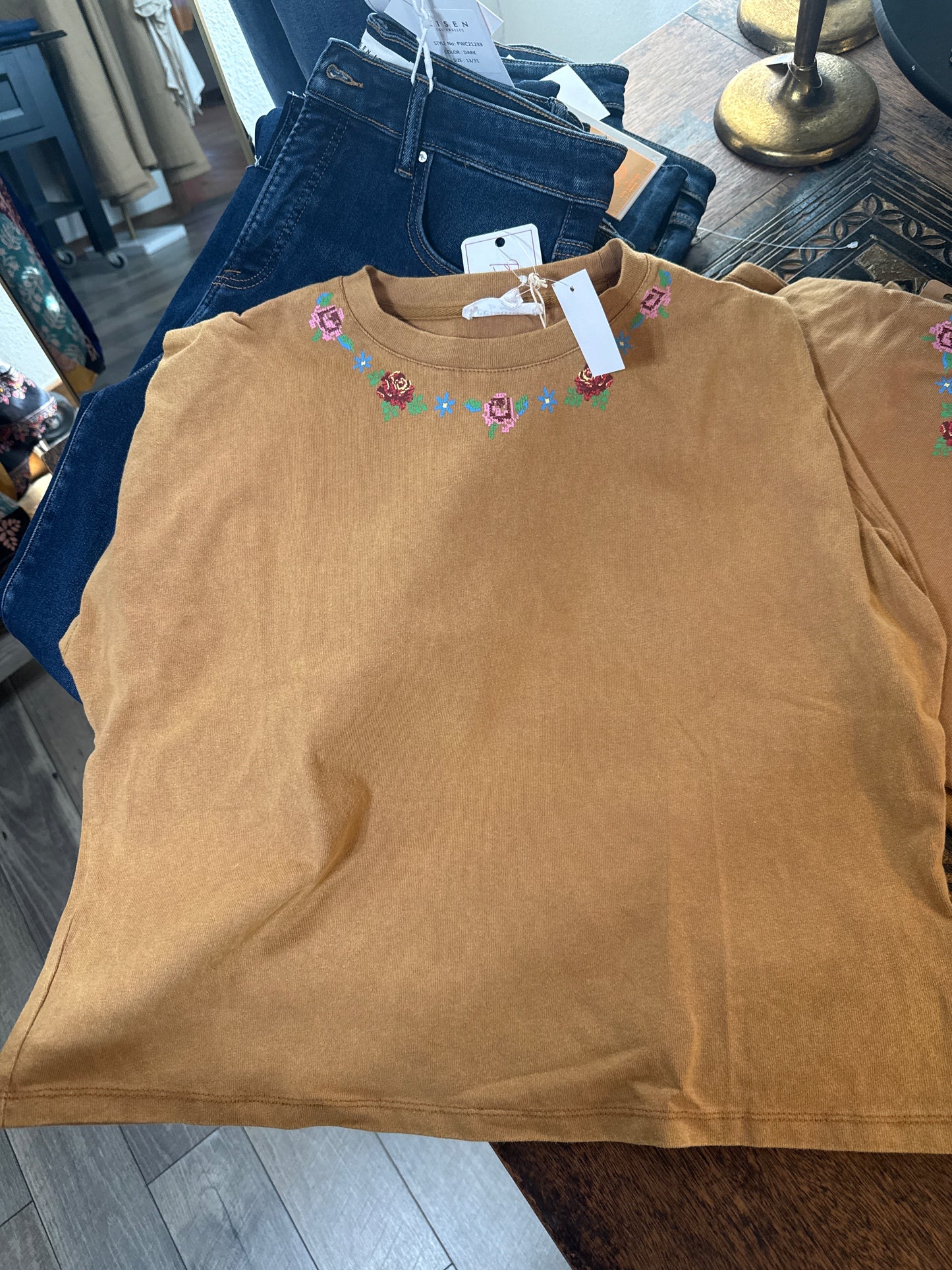 Tan Floral Embroidery Top