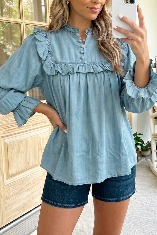 Western Ruffle V Neck Long Sleeve Shift Denim