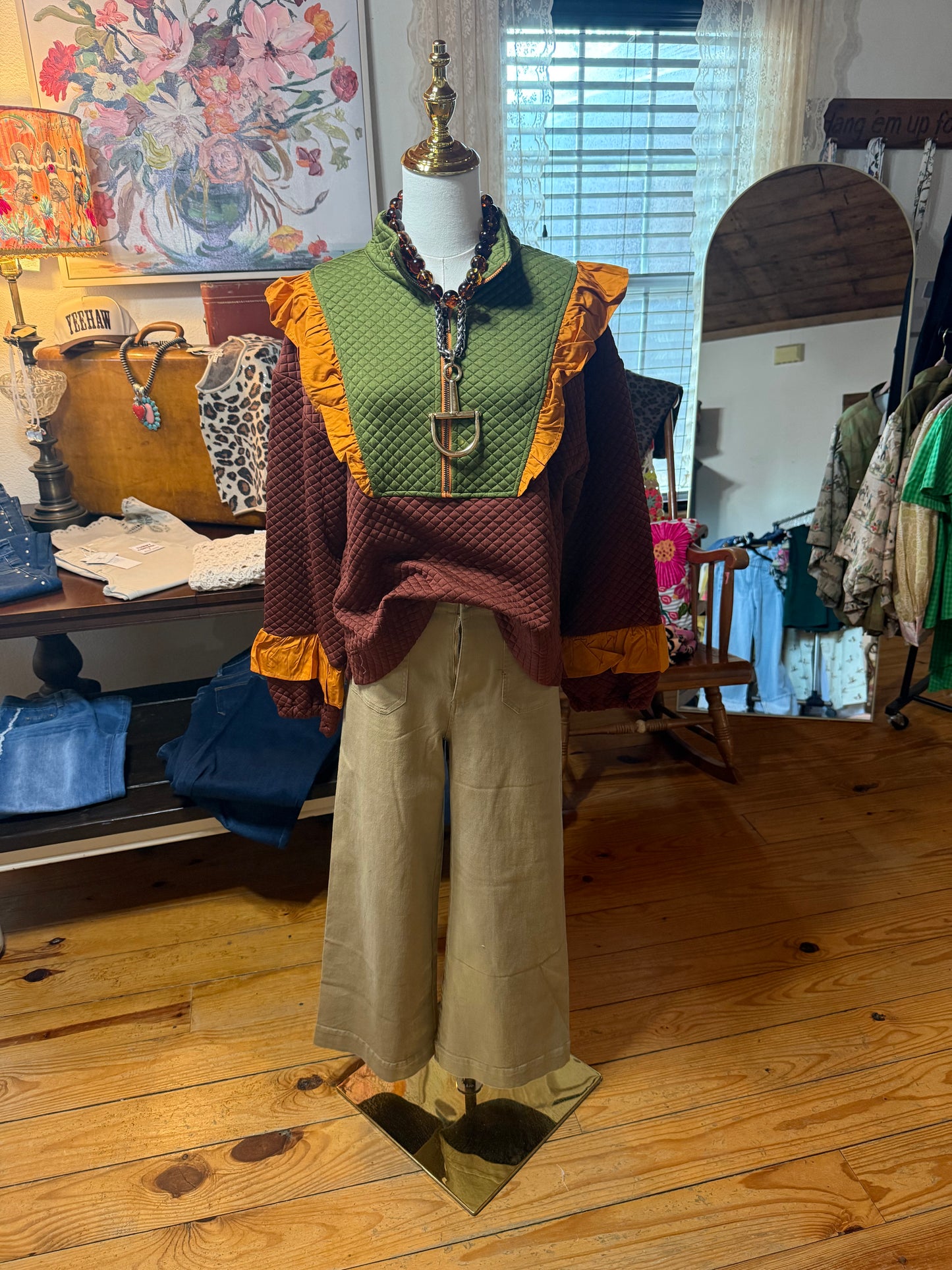 Quarter Zip Color Block Knit Top Brown
