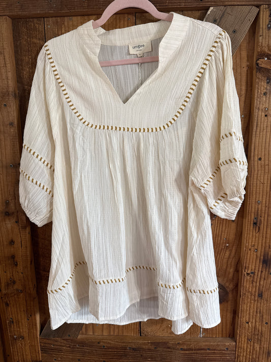 Cream Top w/ Brown Stitching- XL