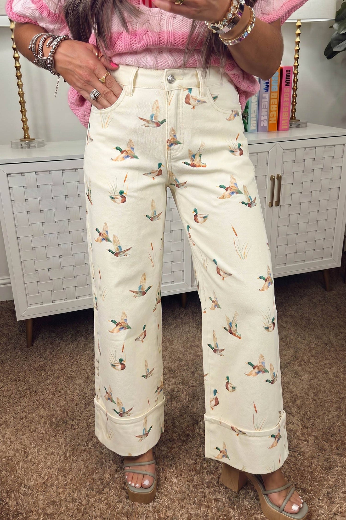 Mallard Printed Cuffed Hem Shift Jeans