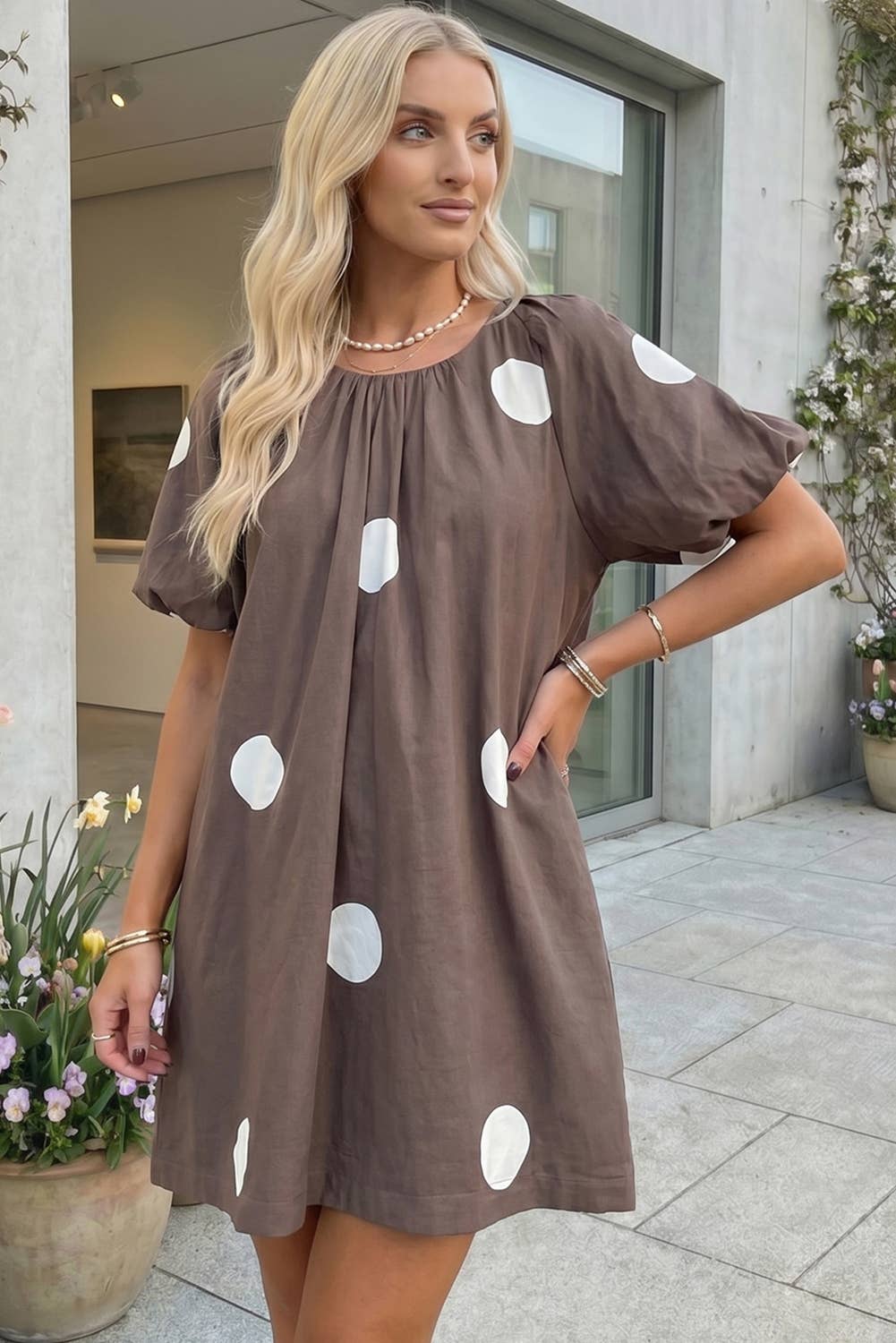 Polka Dot Print Knot Back Short Puff Sleeve Dress