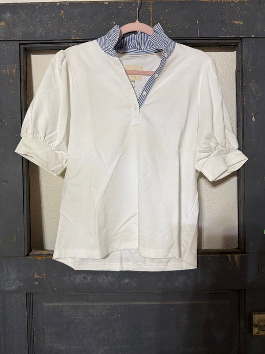 Blue & White Seersucker Collar Sweater