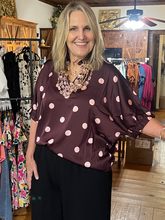 Burgandy & Pink Polka Dot Silk Top