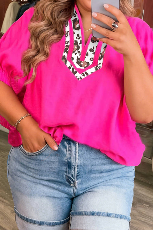 Plus Size Leopard Trim V Neck Top