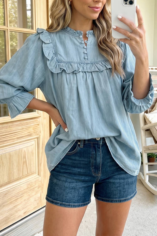Western Ruffle V Neck Long Sleeve Shift Denim