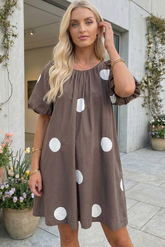 Polka Dot Print Knot Back Short Puff Sleeve Dress