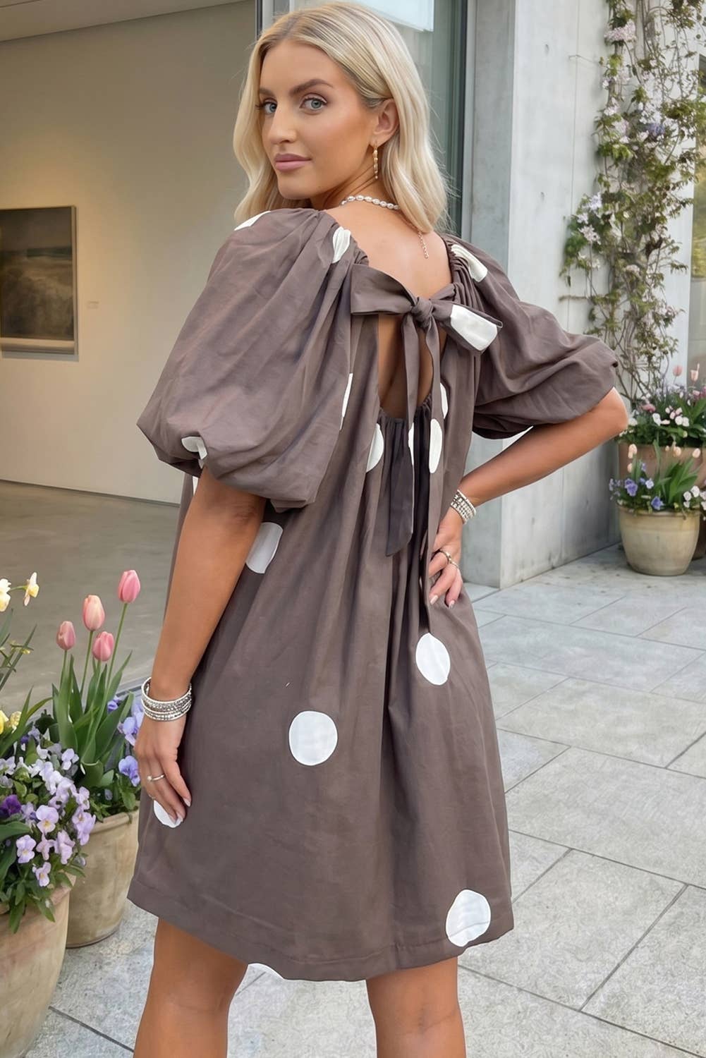 Polka Dot Print Knot Back Short Puff Sleeve Dress