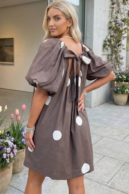 Polka Dot Print Knot Back Short Puff Sleeve Dress