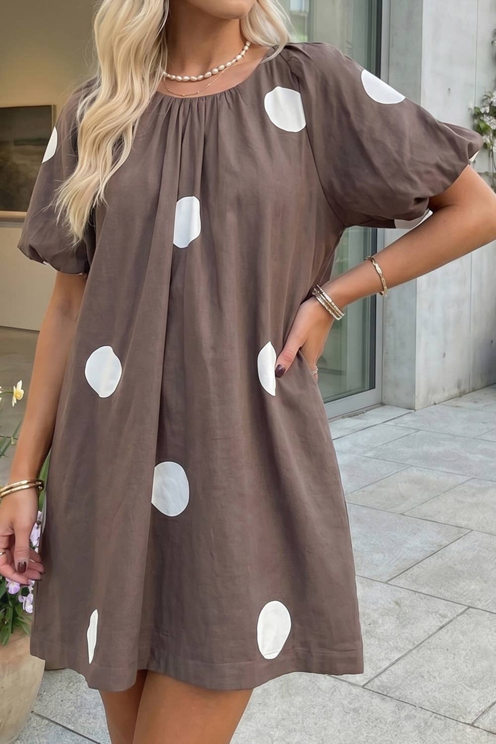 Polka Dot Print Knot Back Short Puff Sleeve Dress